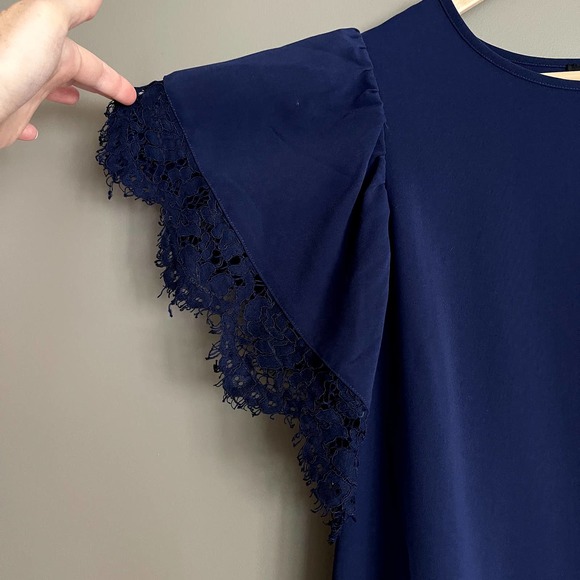 NWT Sugar + Lips Camilia Crochet Trim Dress Navy Blue Size XS‎ Lace Sleeve Shift - Picture 5 of 11